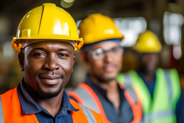 Group of industrial workers standing confident at industrial factory wearing safety vest and hardhat smiling on camera