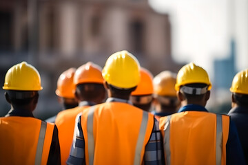 Back view group of construction engineer team in standard safety looking at construction site