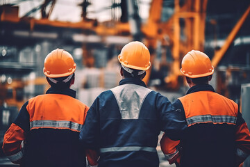 Back view group of construction engineer team in standard safety looking at construction site