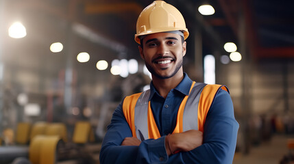 Fototapeta na wymiar Portrait of young professional heavy industry engineer in industrial factory wearing safety vest and hardhat smiling on camera