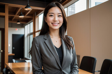 Japanese business woman standing smiling at her company,
career woman,
office lady, - obrazy, fototapety, plakaty