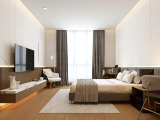 Modern minimalist style bedroom decorated with bed and side table, wood slat wall and tv cabinet. 3d rendering