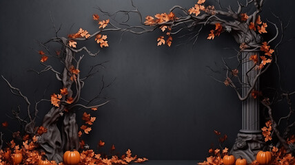 rectangular arch, frame of branches and leaves autumn theme on a dark background, presentation of a new product, stage