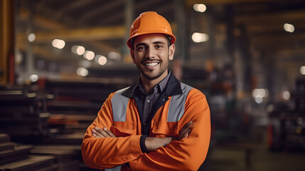 Portrait of young professional heavy industry engineer in industrial factory wearing safety vest and hardhat smiling on camera