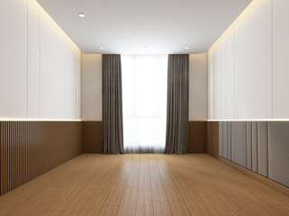 Modern minimalist style empty room decorated with wood slat wall and upholstered wall panels, white wall paint and wood floor. 3d rendering