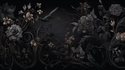 black flowers ornament on dark background gothic style