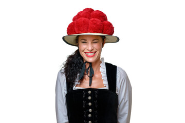 Frontal portrait of a woman wearing Black Forest traditional dress