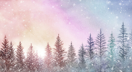 Watercolor painting of mysteriaus forest with snow.
Christmas background illustration