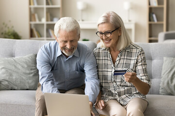 Cheerful old retired couple using credit card and laptop for online shopping, buying on Internet,...