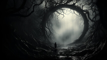 halloween gloomy dark background autumn forest of horror, round arch of branches, entrance to the foggy, small silhouette of a human figure