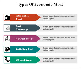Five types Of Economic Moat - Intangible Asset, Cost Advantage, Network Effect, Switching Cost, Efficient Scale. Infographic template with icons