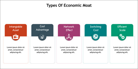 Five types Of Economic Moat - Intangible Asset, Cost Advantage, Network Effect, Switching Cost, Efficient Scale. Infographic template with icons