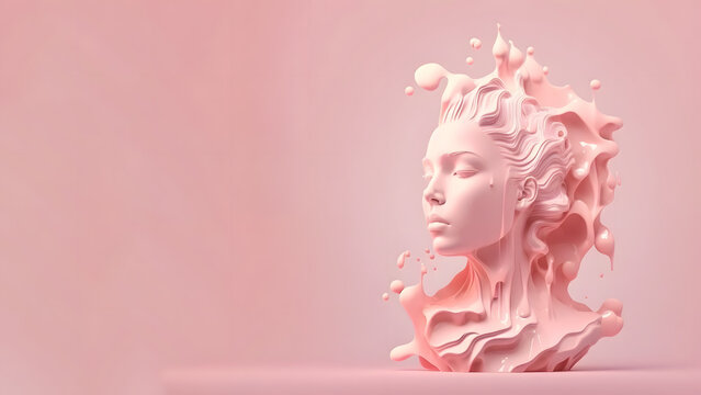 Wondrous minimalistic illustration of a sculpture of a woman's face with pink liquid melting from her face.