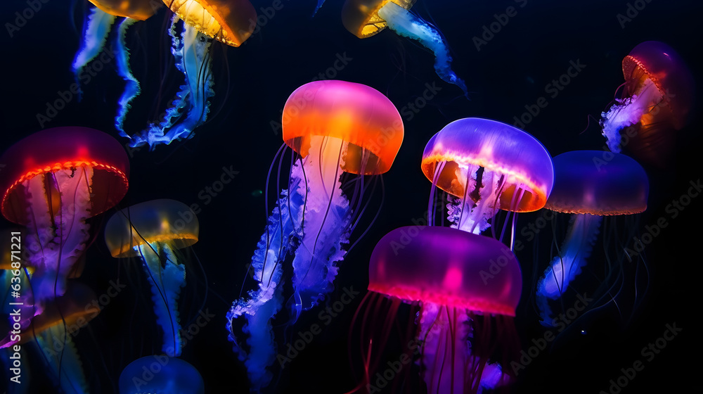 Wall mural glowing sea jellyfishes on dark background, neural network generated image