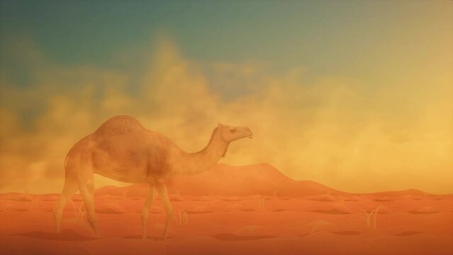Camel walking in the desert in a sandstorm