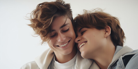 Young lesbian couple in love on a white background. Two happy young lesbian smiling together, Romantic young LGBTQ, Lesbian couple concept, generative ai