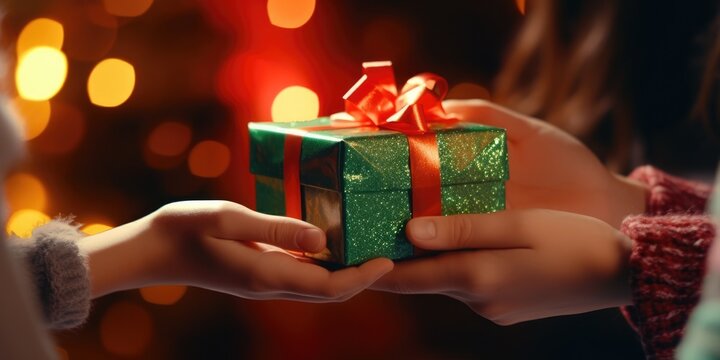 Close Up Woman Giving An Attractive Young Friend A Surprise Gift Gift-wrapped With Green Paper And A Bow To Celebrate Christmas Or New Year, Generative Ai