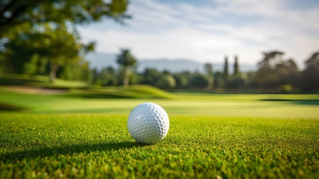 Close up of golf ball on green grass of the golf field