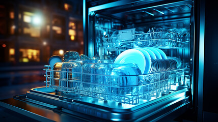 clean dishes in an open dishwasher with blue backlight.