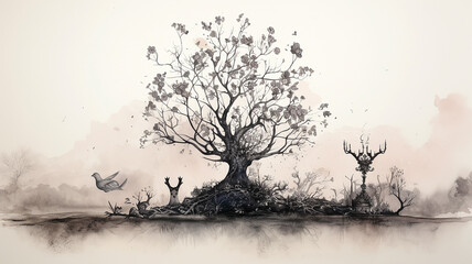 art autumn tree with a large crown without leaves on a white background watercolor monochrome drawing.