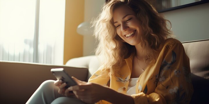 Smiling Young Woman Sitting On The Couch Looking At The Phone.