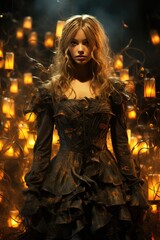 Fototapeta premium Captivating Halloween beautiful costume, spooky, DSLR camera, portrait lens, dusk, creative fashion photograph, cinematic film