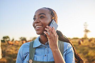 Phone call, countryside and black woman with connection, agriculture and communication with a...