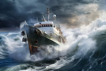 Selbstklebende Fototapete Schiffswrack A cargo or fishing ship is caught in a severe storm. Ship at sea on big waves. The threat of shipwreck. Element in the ocean. The hard work of a sailor.