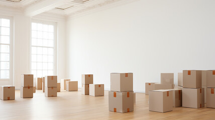 cardboard boxes in a large empty bright room, relocating.