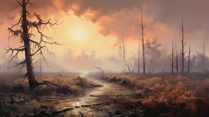 vintage oil painting sunset lonely tree nature landscape.