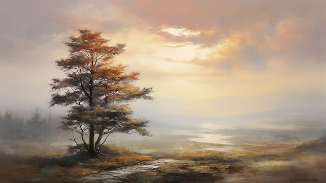 vintage oil painting sunset lonely tree nature landscape.