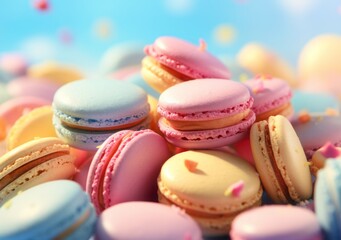 Fototapeta na wymiar Cake macaron or macaroon on light blue background, colorful almond cookies, pastel colors