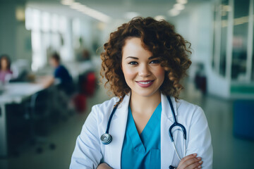 portrait of young female doctor wearing white coat with stethoscope around neck