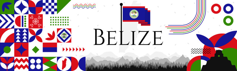 Obraz premium The Belize Independence Day abstract banner design with flag and map. Flag color theme geometric pattern retro modern Illustration design. Blue and red color template.