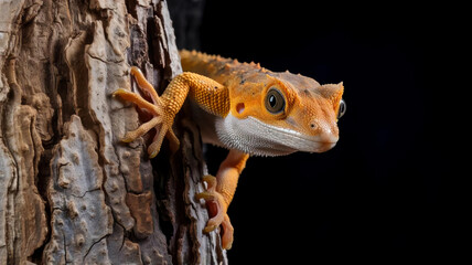 A gecko clinging to the bark of a tree with its sticky feet. AI Generative.