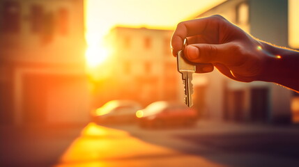 poc hand holding car or house key out in golden sunlight on street in neighborhood