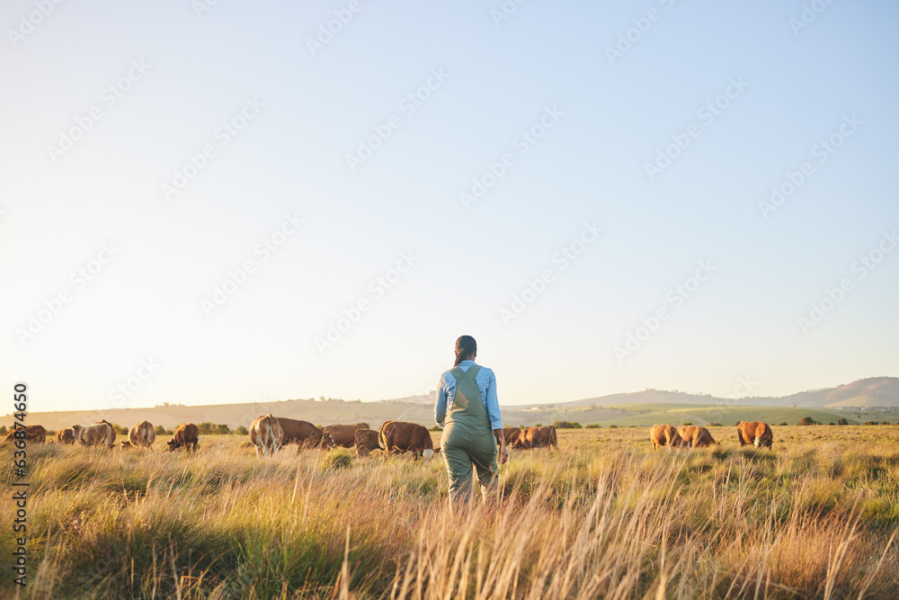 Wall mural Woman, farmer and walking in countryside, blue sky and grass field with cow and cattle. Female person, back and agriculture outdoor with animals and livestock for farming in nature with mockup space