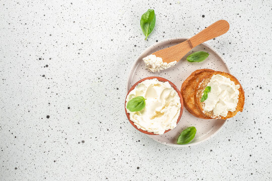Cream cheese sandwich on a light background. banner, menu, recipe place for text, top view