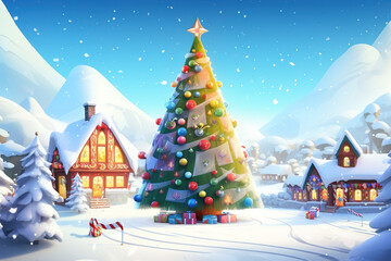 Christmas tree in a snowy village.Generative Ai
