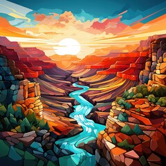 colorful rock canyon with winding river.Generative Ai