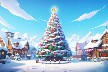 Christmas tree in a snowy village.Generative Ai