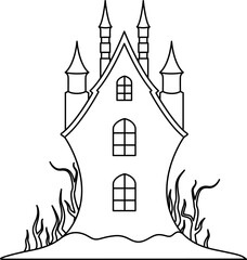Halloween black castle clip art. Silhouette of house template line art. Vector illustration.
