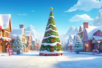 Christmas tree in a snowy village.Generative Ai