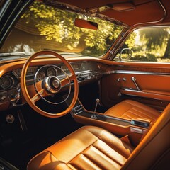 Beautiful interior of a stylish old car. Vintage car. Generative AI.