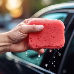 Hands holding a sponge ready to hand wash the car. Generative AI.