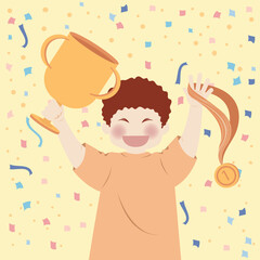 Boy holding trophy and gold medal celebrate his win