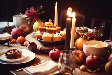 Obraz na płótnie Canvas Happy Thanksgiving. Thanksgiving pumpkins and Autumn leaves. Thanksgiving Food Party. Thanksgiving Concept.Thanksgiving Background. Thanksgiving Theme. Generative Ai