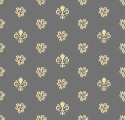 Seamless gray and golden pattern. Modern geometric ornament with golden royal lilies. Classic vintage background