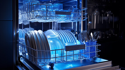 clean dishes in an open dishwasher with blue backlight.