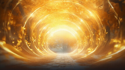 a luminous romantic autumn podium fairy tale forest, the rays fog in a round arch of yellow trees.